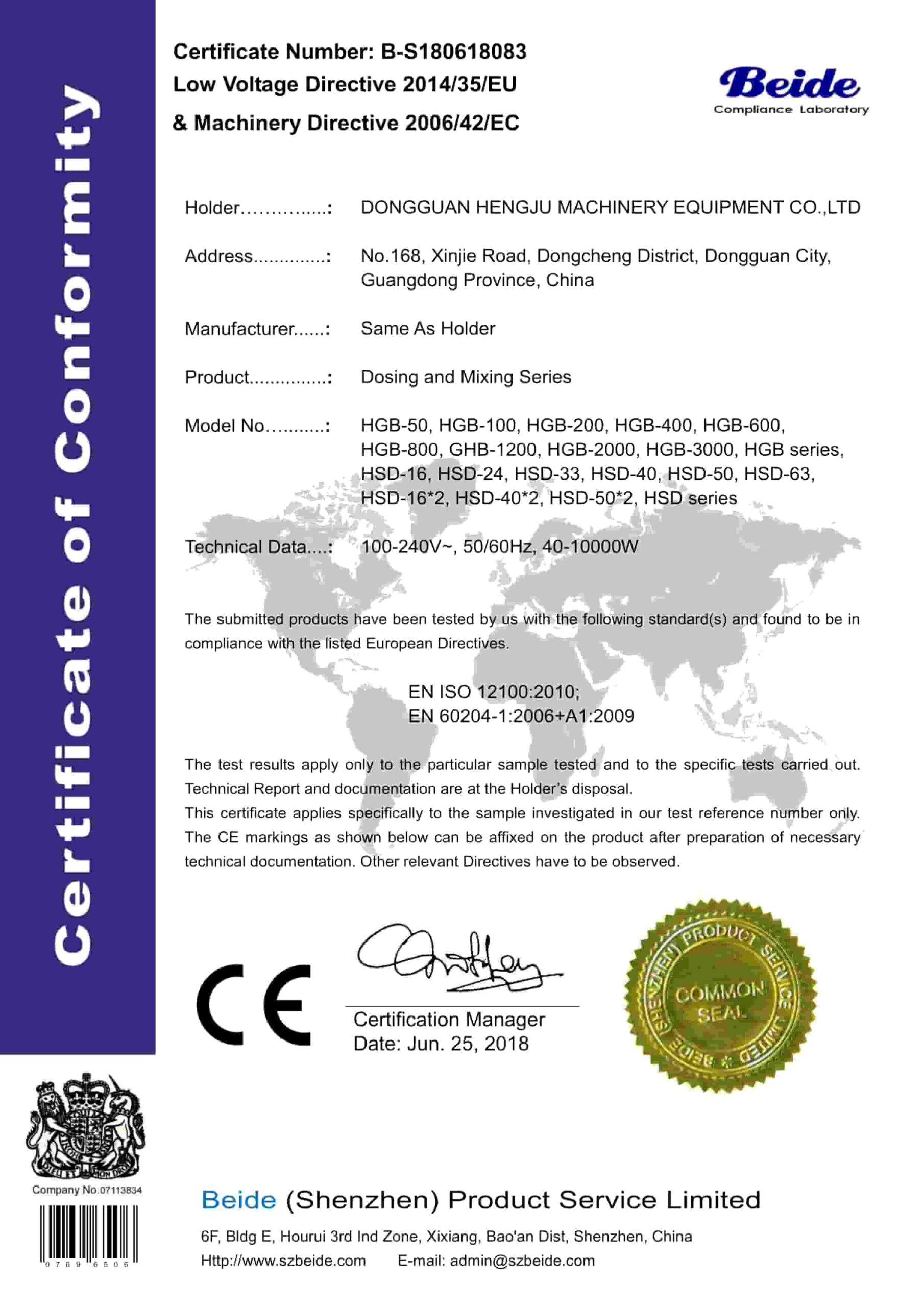 Gravimetric blender CE Certificate