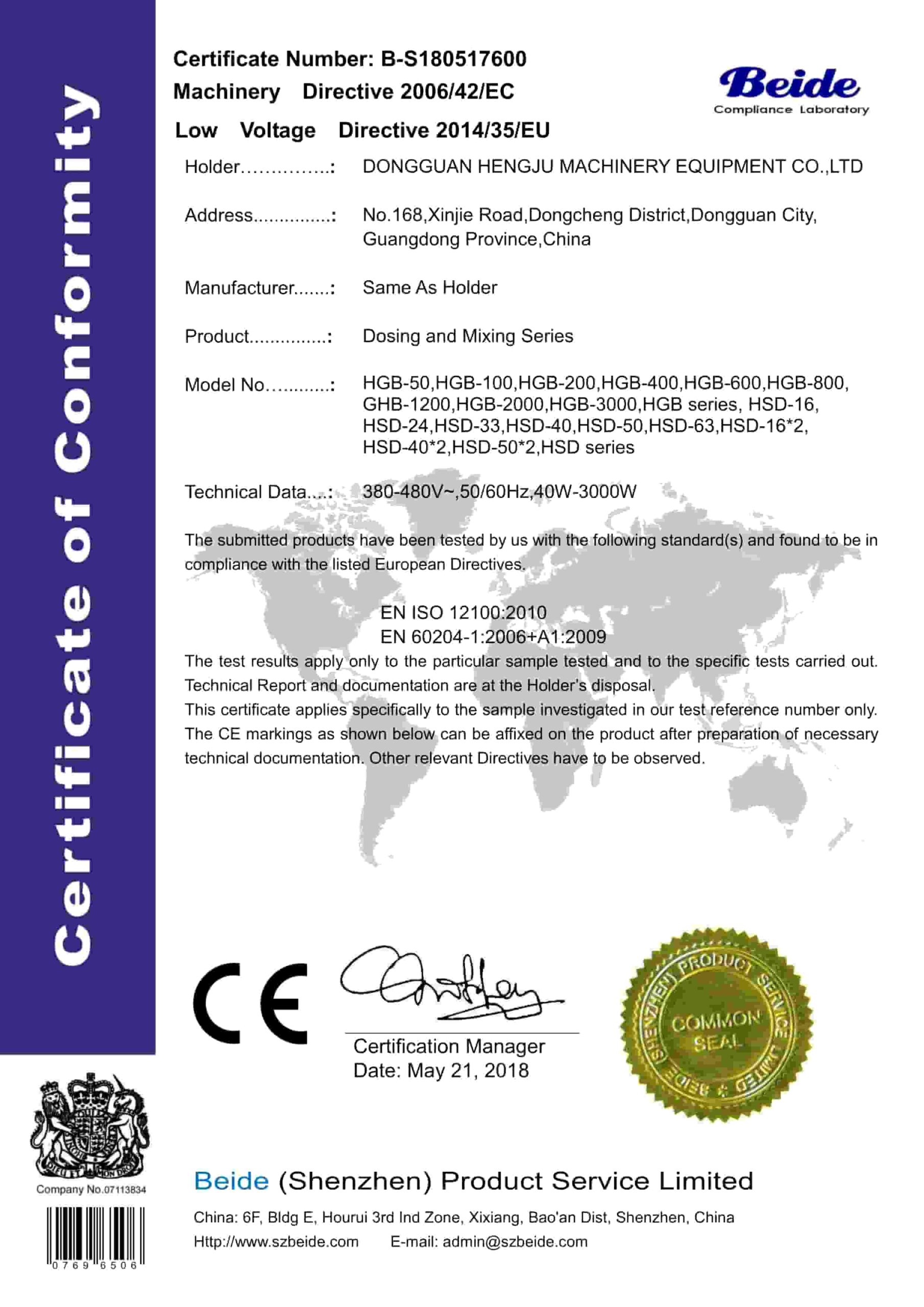 Gravimetric blender CE Certificate